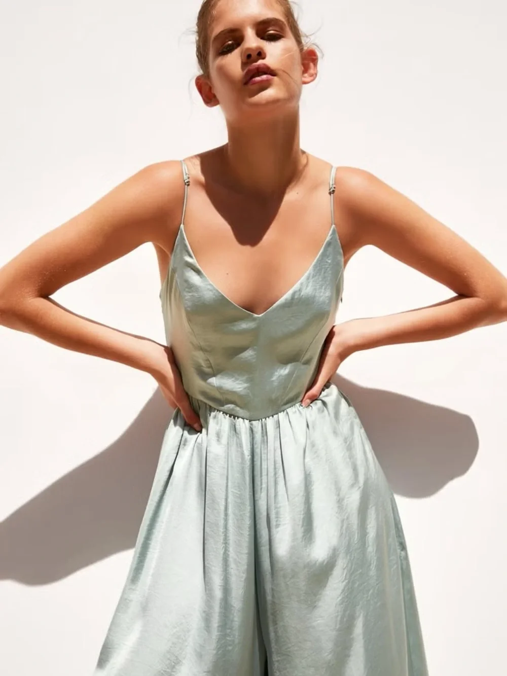NWT Zara Pale Mint Satin V-Neck Spaghetti Strap Maxi Dress - Picture 2 of 6